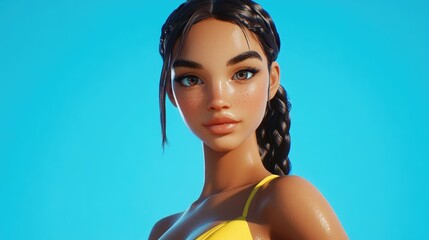 Attractive girl posing in a stylish swimsuit against a vibrant blue background perfect for summer themed promotions