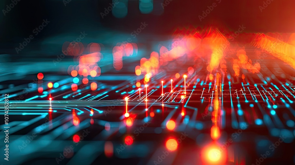 Poster Abstract digital circuit with glowing lights on a dark background.