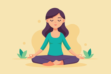 Obraz premium The girl sits cross-legged, eyes closed, focusing on her breath in a tranquil environment, Girl meditating on floor with hands on knees, flat illustration.