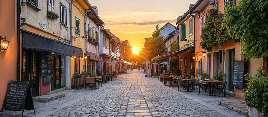 Fototapeta premium Cobblestone Street at Sunset in a European City