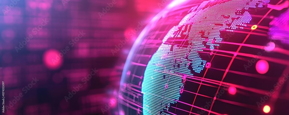 Poster digital globe with vibrant colors and network connections, abstract technology design.
