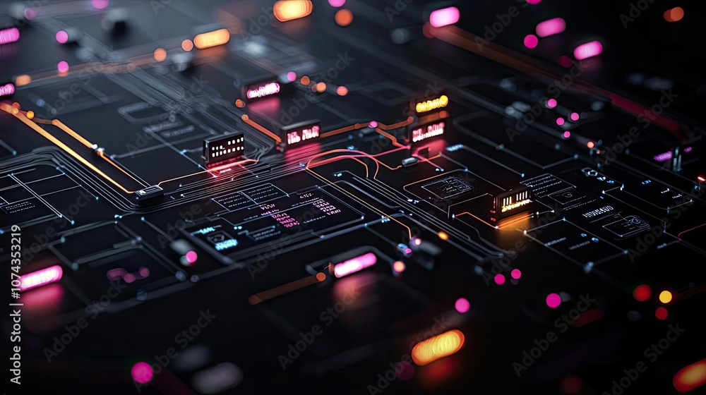 Poster futuristic circuit board design with vibrant neon colors on a dark background.