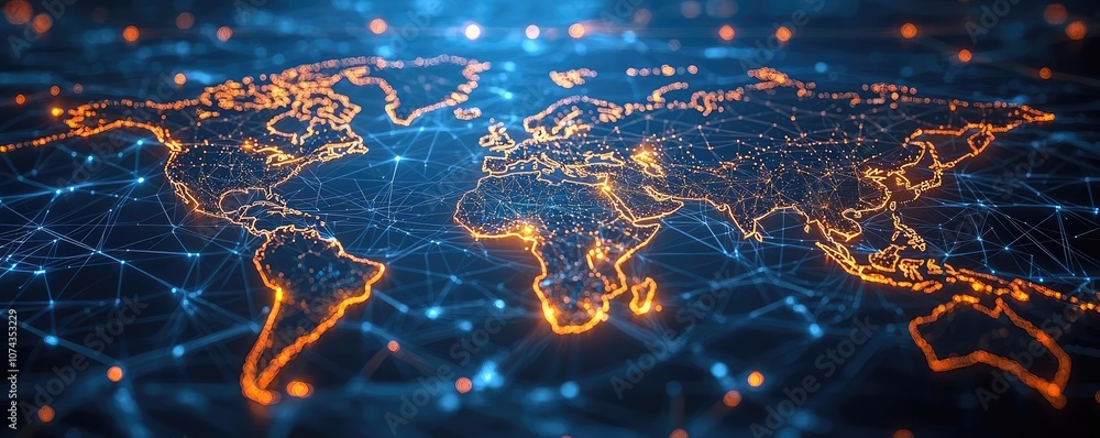 Poster abstract digital world map with glowing connections on dark background.