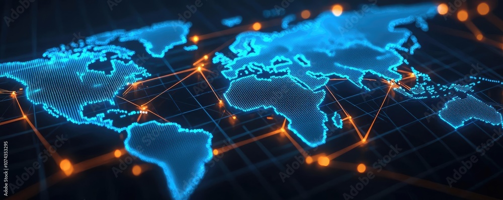 Aufkleber Digital world map with glowing lines and nodes on dark background.