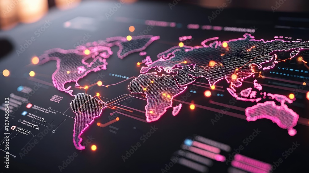 Poster World map with glowing connections and data visualization elements.