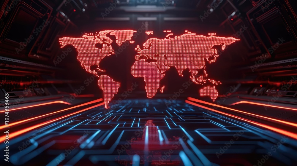 Poster futuristic digital world map with neon effects and dark background.