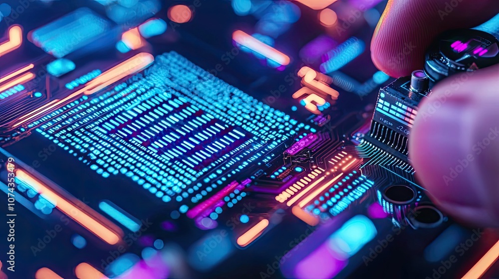 Poster close-up of a hand working on a vibrant circuit board with glowing components.