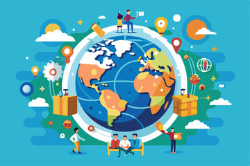 Naklejka premium A vibrant illustration depicts people engaging in activities symbolizing globalization and interconnectivity, Globalization Customizable Flat Illustration in a concise form.
