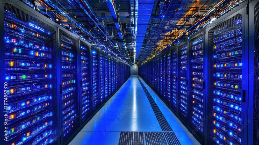 Poster view of data center aisle with illuminated servers