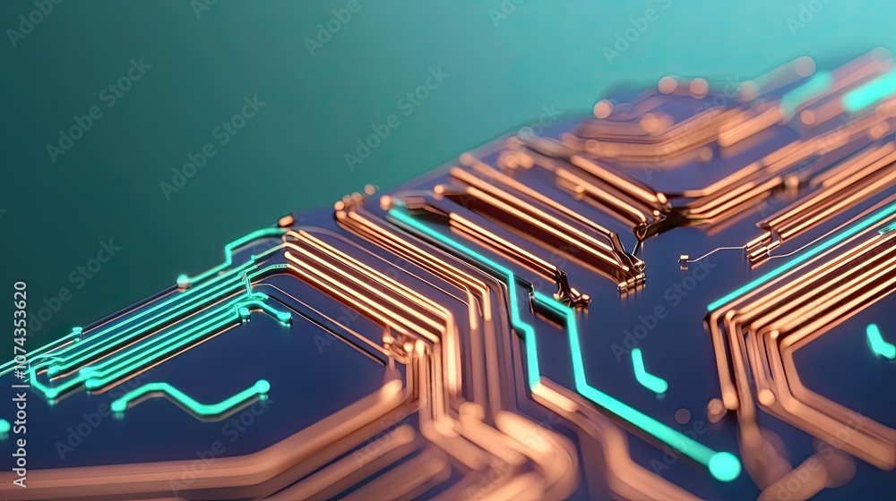 Poster Close-up of a circuit board with intricate design and glowing pathways.