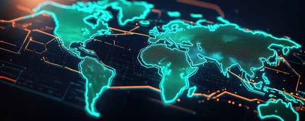 Stylized digital map of the world with glowing edges on a dark background.