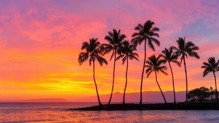 A vibrant sunset with colorful skies and silhouetted palm trees along the ocean's edge, creating a serene coastal scene.