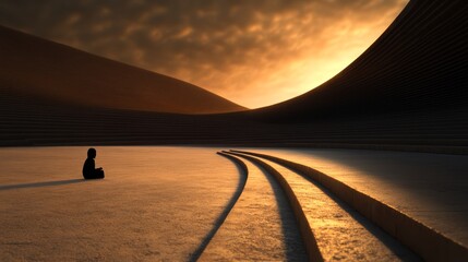 Obraz premium A person sitting on the ground in front of a sunset