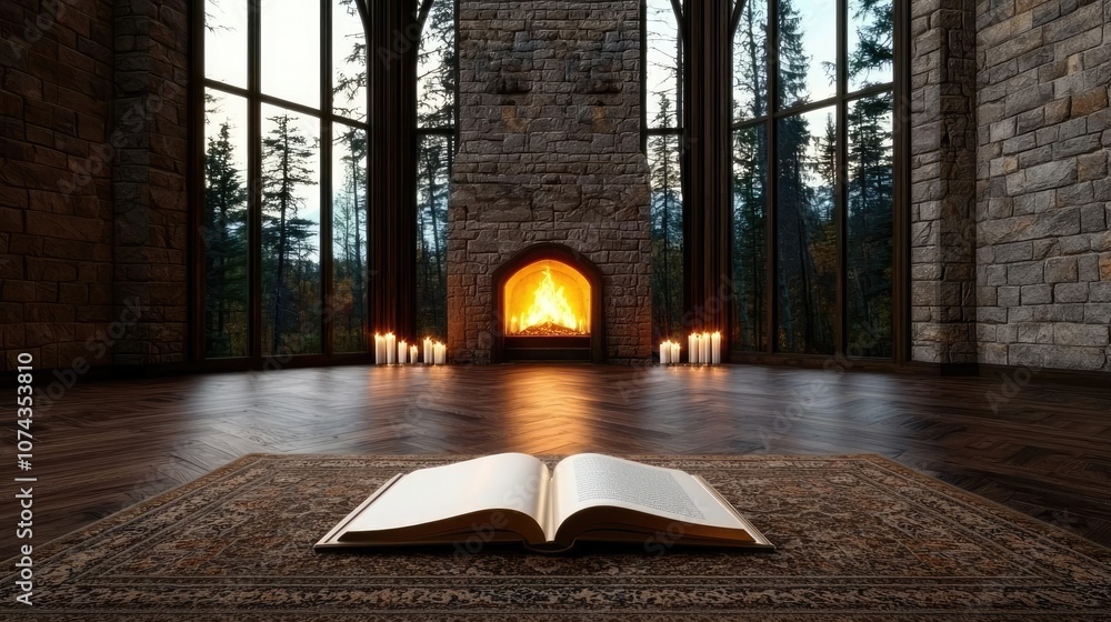 Poster open book on a rug in a cozy room with a fireplace and large windows.