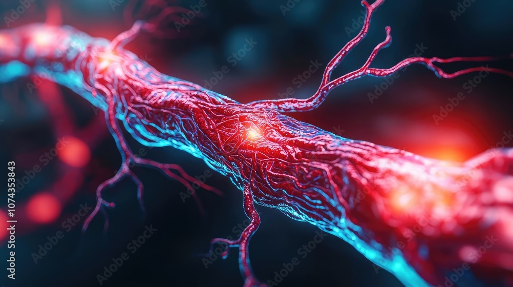 Poster Close-up of a neuron with glowing connections on a dark background.