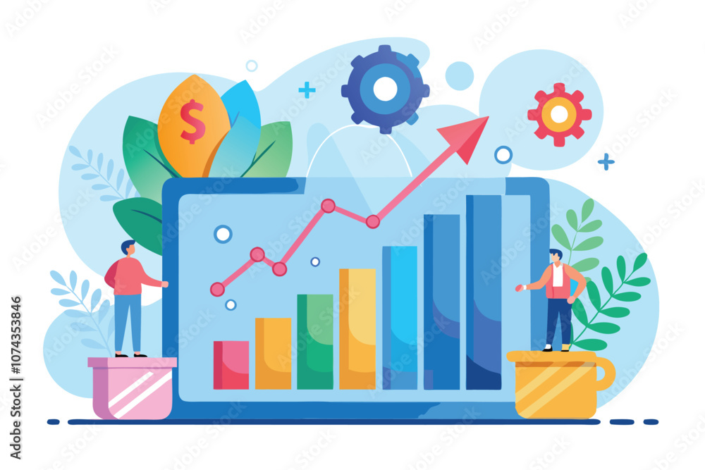 Poster visual representation of performance growth data with charts, symbols, and figures in a creative wor
