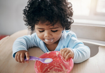 Home, baby and hungry with cereal for eating, nutrition and growth development with food for wellness. Chair, motor skills and child with porridge for digestive health, spoon and breakfast in morning