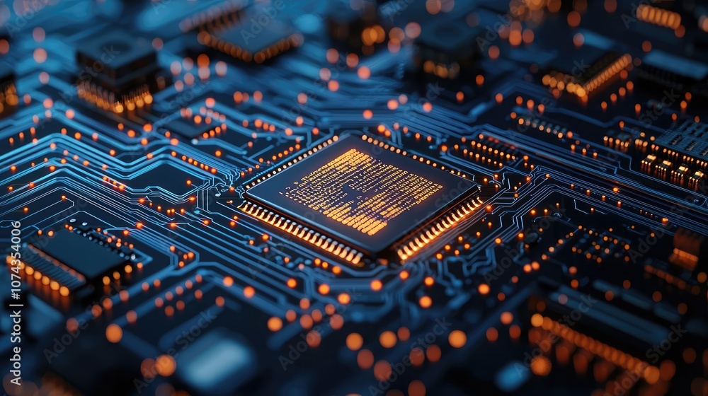 Poster Close-up of intricate circuit board with glowing elements and microchips.
