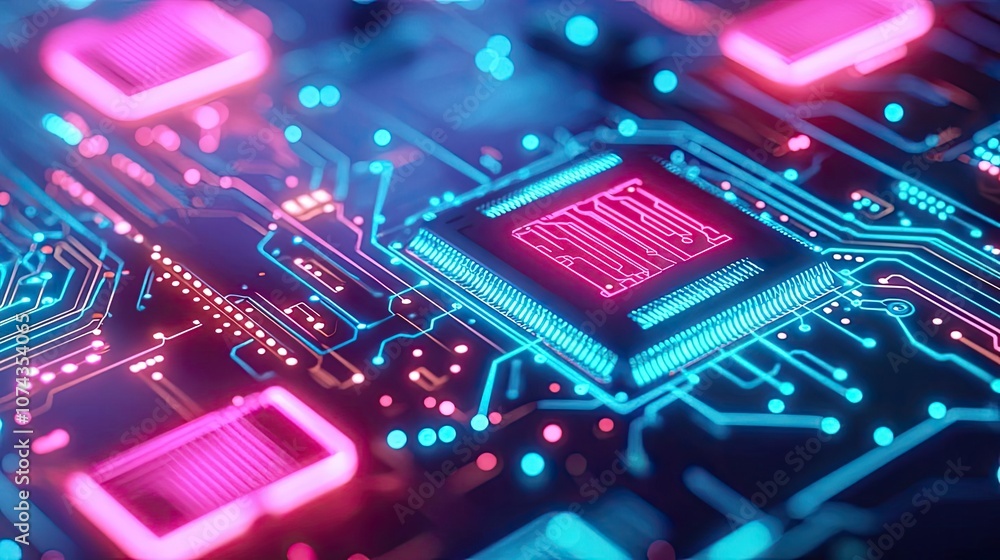 Aufkleber Close-up of a colorful microchip with glowing elements on a circuit board.