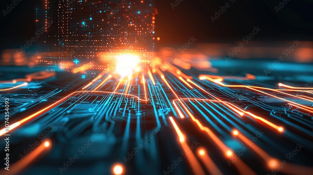 Poster Futuristic digital circuit board with glowing lines and patterns.