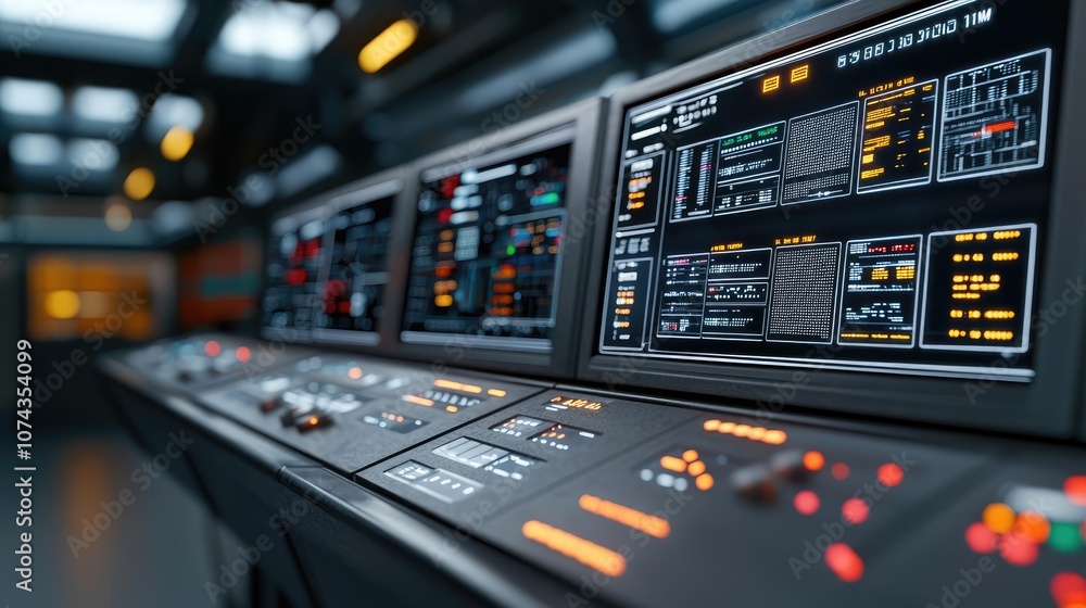 Poster Futuristic control panel with glowing buttons and detailed screens.