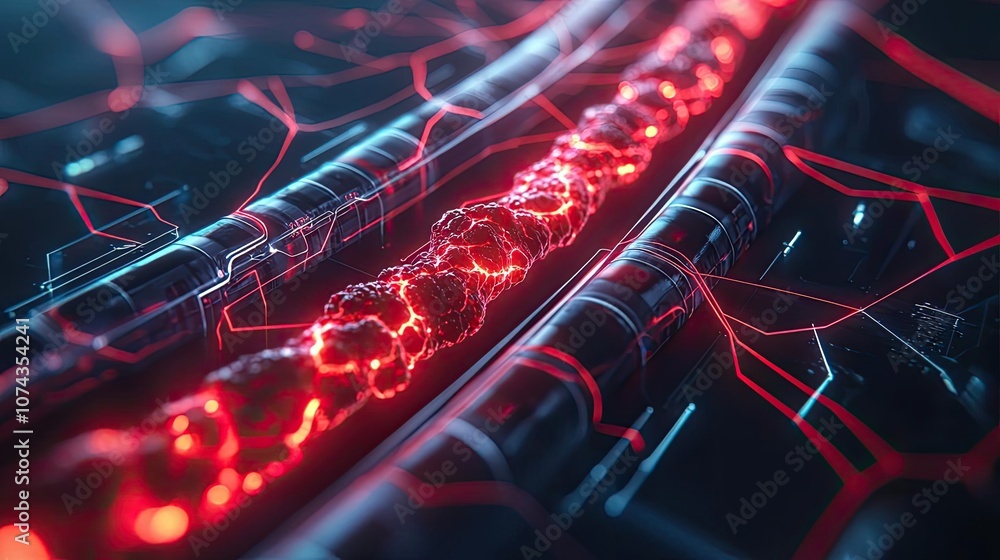 Poster Abstract red and black digital background with glowing lines and patterns.