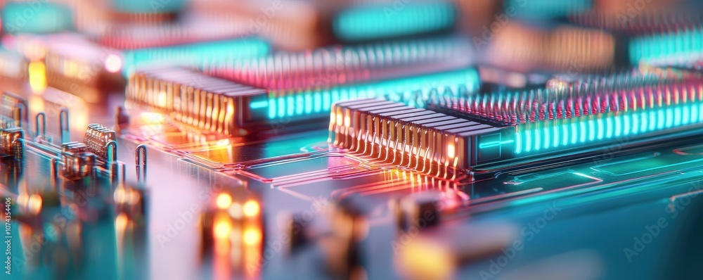Poster close-up of illuminated circuit board with vibrant colors and intricate details.
