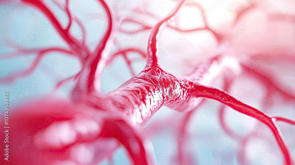 Poster close-up view of a neuron with intricate details, vibrant colors, and soft focus effect.