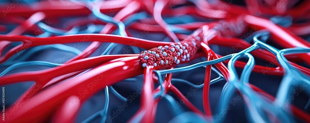 Poster Close-up of intricate red and blue biological structures on a dark background.
