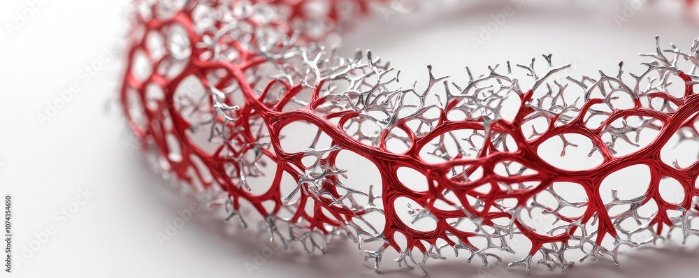 Poster intricate red and silver abstract design on a white isolated background.