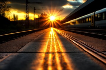A train traveling down train tracks at sunset