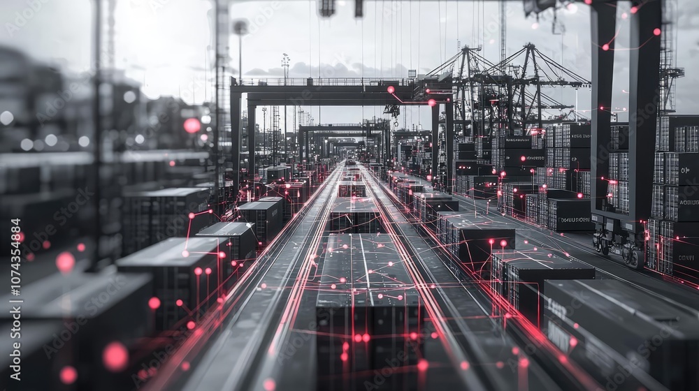 Poster Futuristic cargo terminal with shipping containers and digital overlay on isolate background.