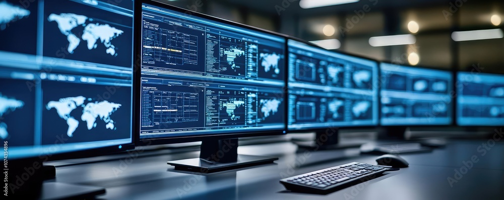Aufkleber A modern control room with multiple screens displaying data and analytics.