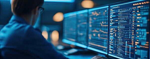 Data analyst working on multiple screens with programming codes and statistics.