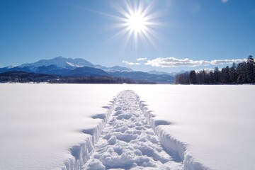 Obraz premium A snow covered field with tracks in the snow and mountains in the background