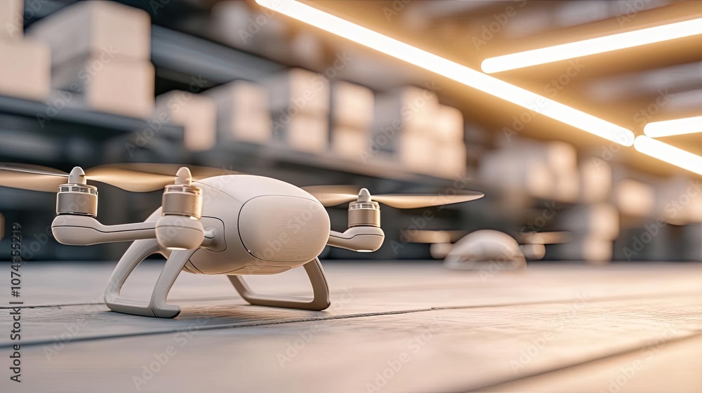 Poster drone on a table in a warehouse with blurred background.