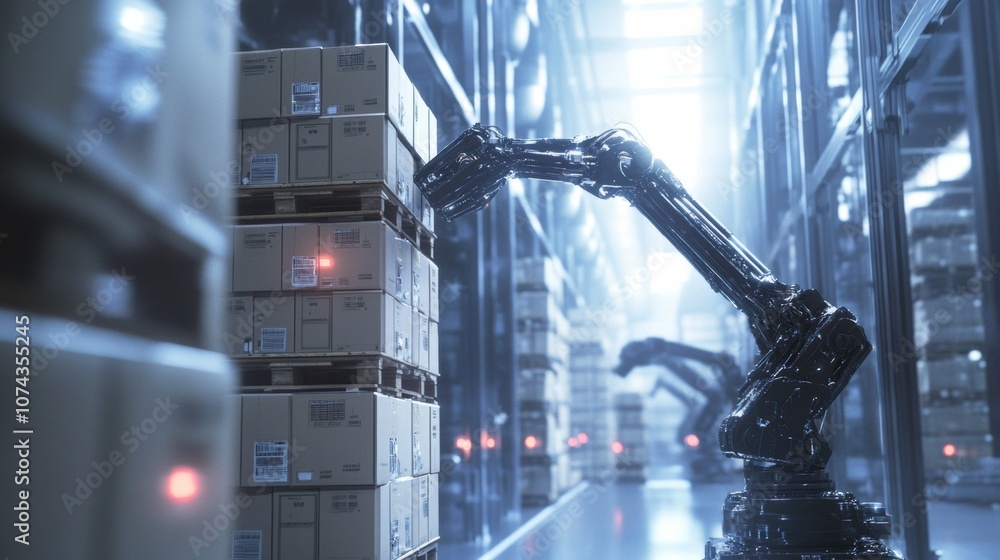 Poster robotic arm stacking boxes on a pallet in warehouse setup
