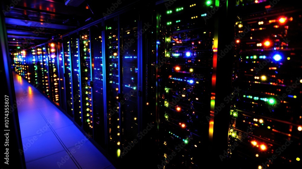 Poster illuminated server row with colorful status lights