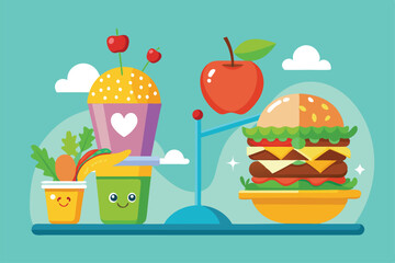An illustration contrasts healthy food choices like fruits and vegetables with fast food items on a scale, Healthy food vs fast food illustration