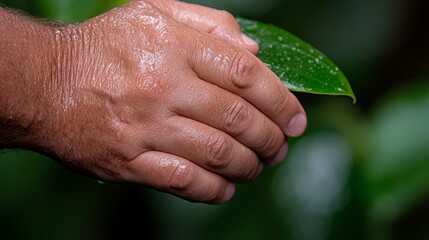  A man's hand holding a green leaf with water droplets on it