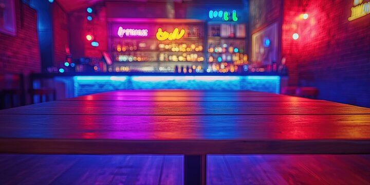 Stylish neon bar interior with vibrant lights. Colorful and ambient atmosphere in a modern nightlife setting. Evening relaxation and entertainment in this trendy venue.