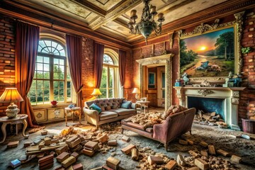 Luxurious Destruction: A Person Amidst Chaos in a Room with Large Windows