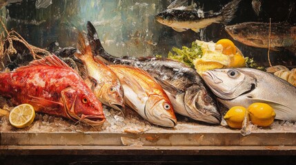 Variety of fresh fish displayed at a seafood market