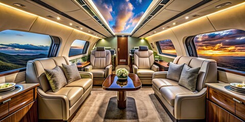 Fototapeta premium Luxurious Double Exposure Interior of a Private Jet with Modern Elegance and Comfort