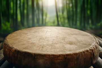 Fototapeta premium A wooden table in the middle of a bamboo forest