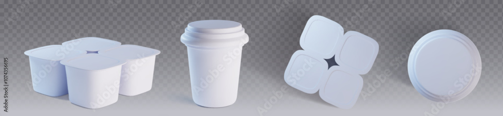 Aufkleber plastic yogurt container mockup set. sour cream package with lid top view isolate on transparent bac