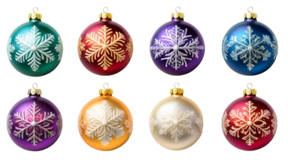 A set of 8 colorful of Christmas baubles with snowflake pattern PNG transparent background for Christmas decoration.