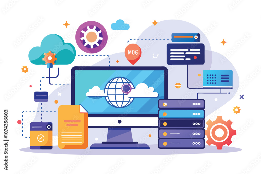 Aufkleber a vibrant illustration displaying a hosting website with various digital components and connections,