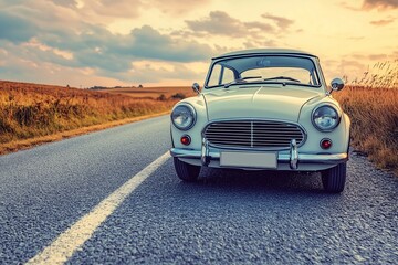 Fototapeta premium Vintage Car on Open Road at Sunset: Classic Automobile Photography
