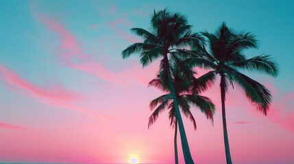A picturesque sunset with vibrant pink and blue hues behind three palm trees, creating a tranquil tropical atmosphere.